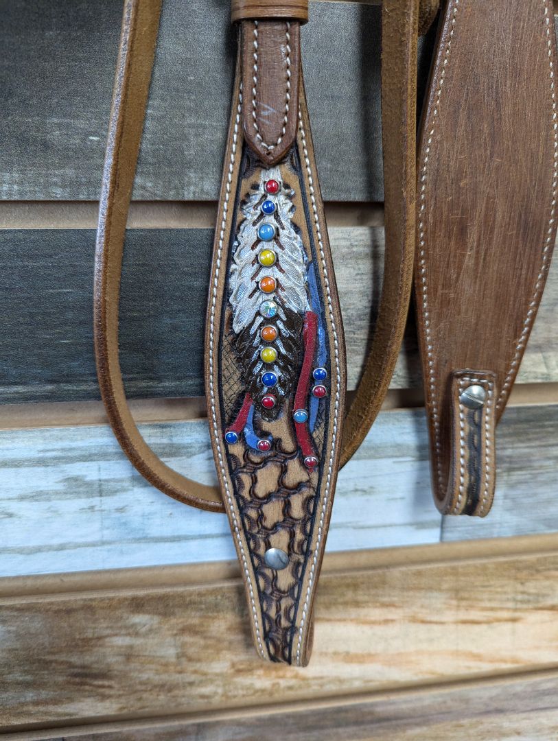 Silver Royal Headstall with Colorful Beads and Painted Feather Detail Horse Light Oil