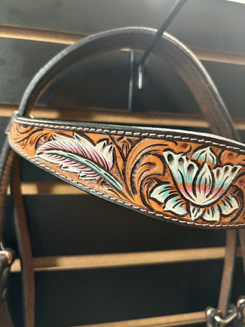 Hilason Tooled Leather Browband Headstall - Feather/Floral