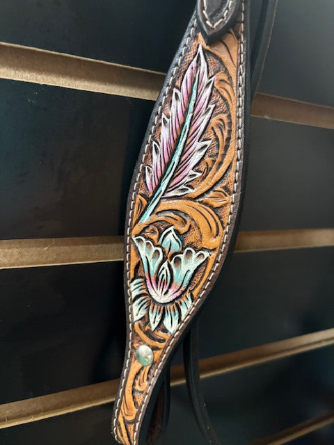 Hilason Tooled Leather Browband Headstall - Feather/Floral